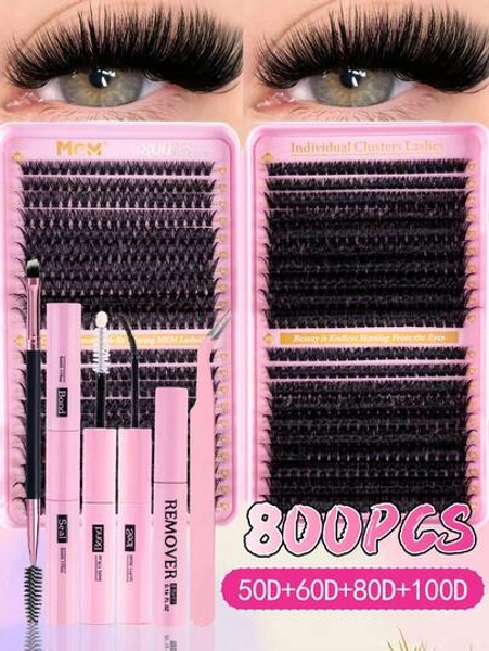 640pcs/Set Individual False Eyelashes, High Volume, 50D+60D+80D+100D Curl, 8-16mm, DIY Lash Kit, Natural Look, Thick & Long, Super Soft & Lightweight, Reusable, Single Strand Segmented False Lashes, Suitable For Travel, Daily Wear (Beginner Friendly), Wedding, Date, Party, Holiday, Especially Suitable For Christmas/Halloween/Gift Giving