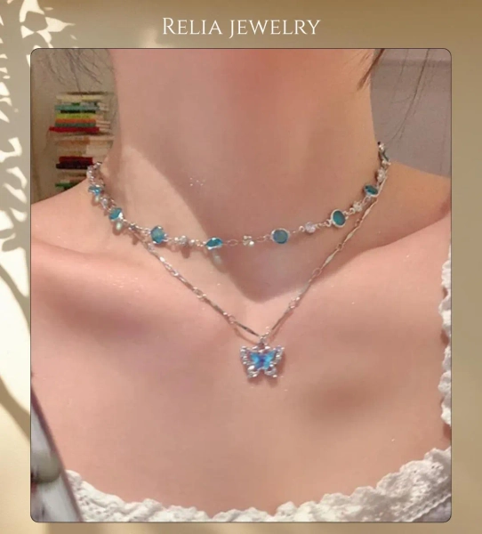 Blue butterfly layered necklace set with sparkling zircon stones, elegant silver-toned chain, romantic dreamy summer jewelry