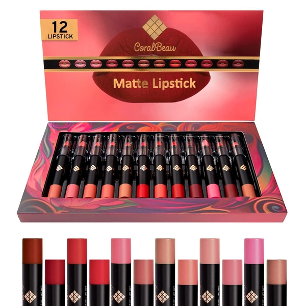 CoralBeau 12-Piece Matte Lipstick Set - Waterproof Crayon Pack with Nude Pink, Mauve &amp; Red Shades - Long-Wearing Formula for Rich Color &amp; Velvety Finish