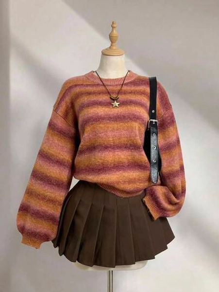 Elamini Women's Round Neck Drop Shoulder Long Sleeve Ombre Casual Fashionable Sweater, Autumn/Winter