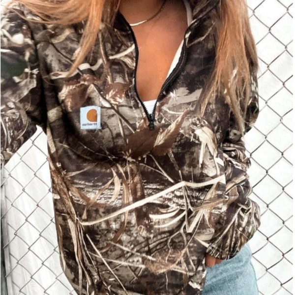 Women's Half-Turtleneck Zip-Up Hoodie Jacket - Full-Zip Front Closure, Camouflage & Brown Wood Texture Print, Full-Coverage Hood, Warm Winter Outerwear, Casual Outdoor & Casual Attire, Machine Washable (White Label-Like Patch) Coat
