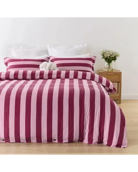 Stripe Linen Cotton Quilt Cover Set - Queen Bed, Berry