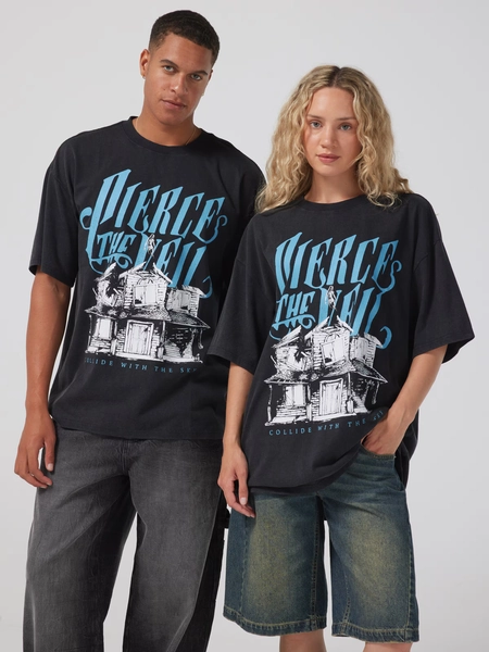 Pierce The Veil House Oversized Tee  Black Acid Wash - Jay Jays Online