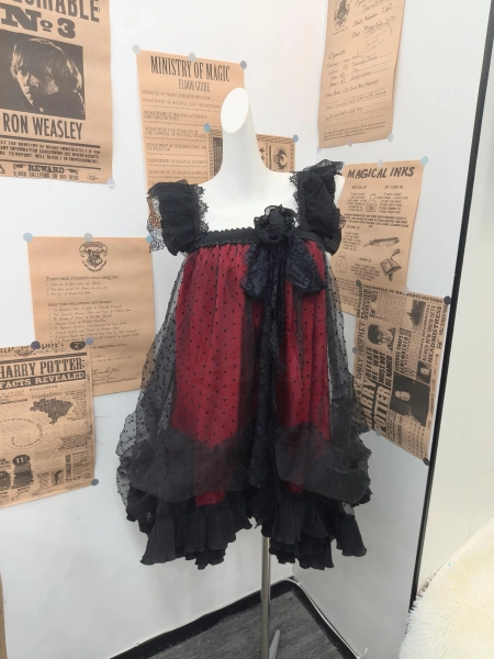 Handmade Gothic Layered Tulle Babydoll JSK, Hand Sewn Burgundy Polka Dot Slip, Handcrafted Black Lace Frill Straps & 3D Rose Bow