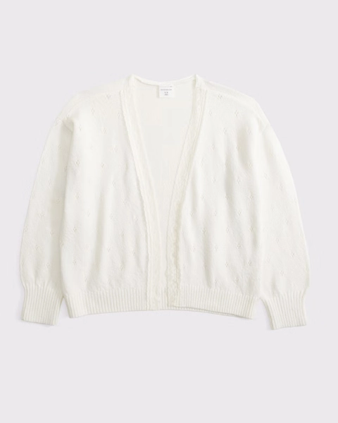 lace-trim pointelle open-front cardigan