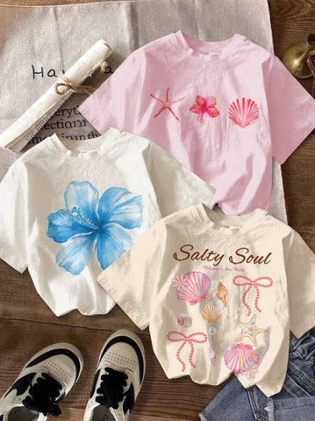 SHEIN Tween Girls Loose Fit Round Neck Drop Shoulder Graphic T-Shirt Set