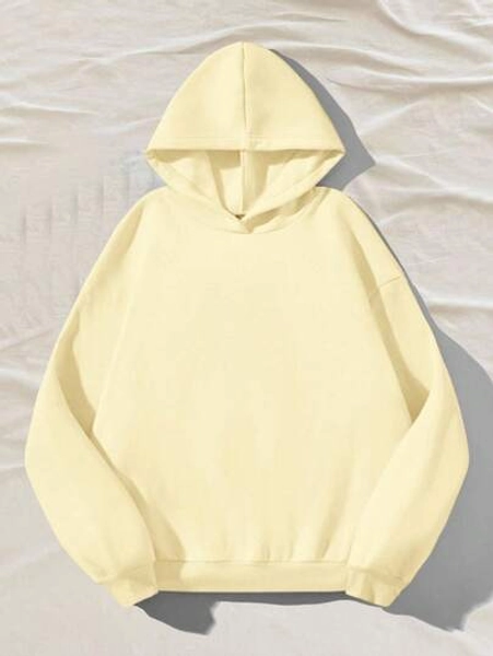 SHEIN EZwear Summer Outfits Women's Simple Casual Cream Yellow Solid Color Pullover Hooded Long Sleeve Hoodie Without Drawstring Oversize Autumn Winter Clothes For Women