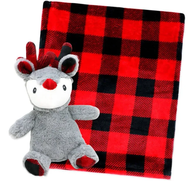 Baby Mode Signature Check Blanket with Reindeer Plush Toy