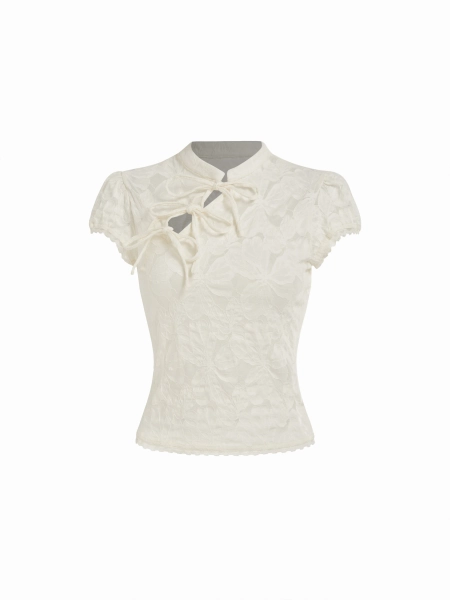 Top de manga corta con cuello alto, lazo y encaje floral