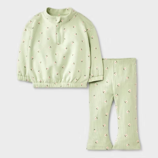 Baby Girls' 2pc Floral Fleece Sweatshirt & Pants Set - Cat & Jack™ Mint Green 3-6M