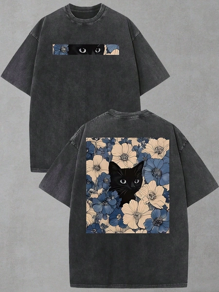 For Cat Lovers & Aesthetic Floral Fans Vintage Washed 100% Cotton Distressed T-Shirt - Black Cat Hiding In Floral Pattern