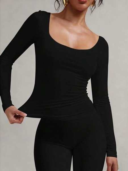 XLLAIS Solid Long Sleeve Casual Top Spring Big Crew Neck Sexy Women T Shirt Fall Winter Clothes