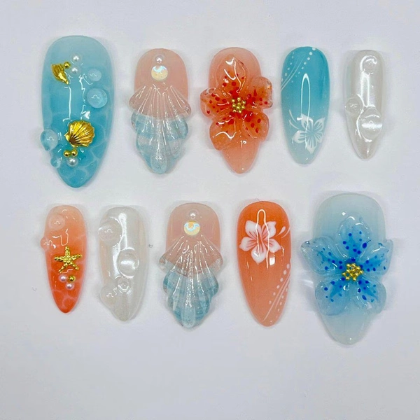 Press On Nails Ocean Bloom with Shell & Flower Art | Beachy 3D Fake Nails in Medium Almond | Handmade Summer Nail Art for Holiday, Vacation