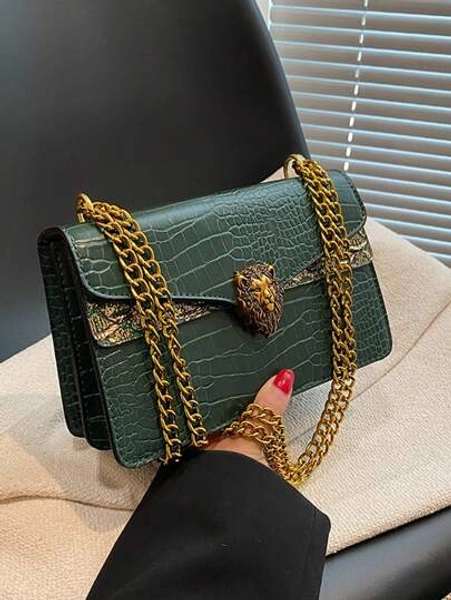 Crocodile Patterned Women Small Square Bag With Chain, Retro Fashion Versatile Shoulder Crossbody Bag (23*15*9)Cm