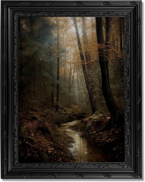 Dark Moody Forest Stream Framed Wall Art Gothic Landscape Canvas Print with Ornate Black Frame Dark Academia Witchy Decor for Bedroom Living Room Halloween
