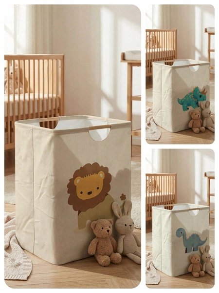 Cesta de lavandería plegable de gran capacidad con estampado animal, asa de madera, multiusos para baño, guardería, ropa sucia, juguetes y almacenamiento de varios