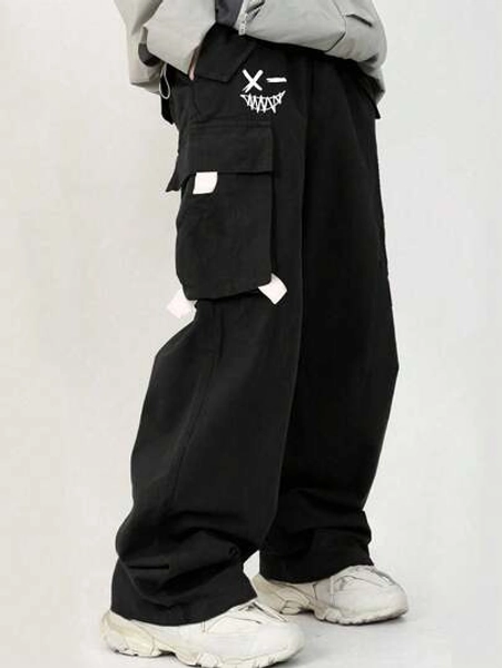 Tween Boys Y2K Casual Comfortable Loose Straight Leg Pockets Black Pants, Suitable For School, Birthday, Fall, Autumn/Winter