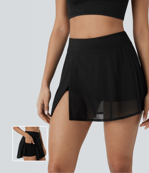 High Waisted 2-in-1 Pocket Contrast Mesh Mini Yoga Skirt
