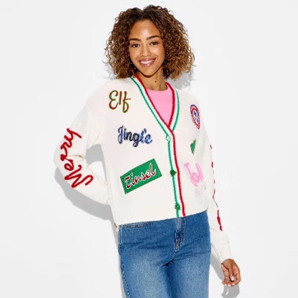 Women's Holiday Patchwork Festive Graphic Cardigan - Cream M