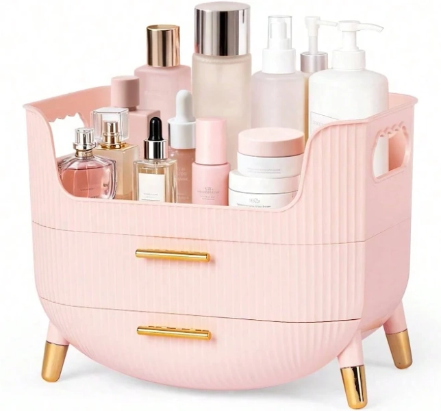 Pink Large Capacity Makeup Organizer Makeup Bags Cases Cosmetic Organizers With Drawers Skincare Display Case For Vanity Dresser Bathroom C