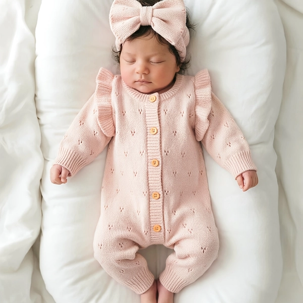 Conjunto de 2 piezas de body para recién nacido + diadema con lazo, suéter de punto de manga larga para niños, atuendo de fotografía para bebé otoño/invierno HD15
