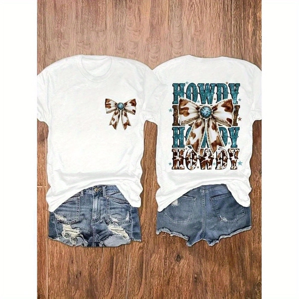 [Girls' Cowgirl Tee] Girls' Western Cowgirl Graphic T-Shirt - 1pc Short Sleeve Round Neck Casual Top with Cowboy Hat & Horseshoe Design, Turquoise Bow Accent - All-Season Comfort for Easter, Birthday, Christmas, Back-to-School & Casual Attire (Machine Washable) - Ideal for Themed Parties & Western Outfits