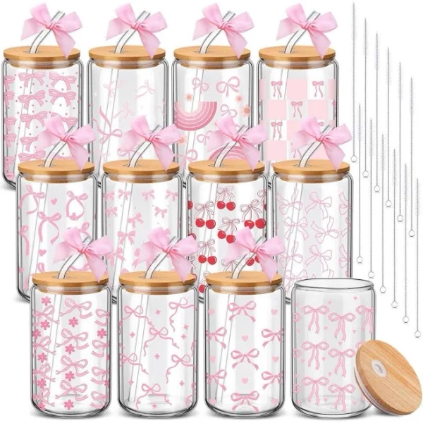 12 Sets Bow Glass Cups Gifts Bulk 16 oz Aesthetic Iced Coffee Cups with and Straws Cute Cherry Can Shaped Tumbler Girly Preppy Bow Stuff for Women to