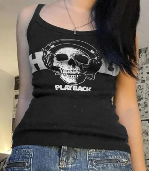 AnotherChill Punk Skull Printed Cropped Tank Top