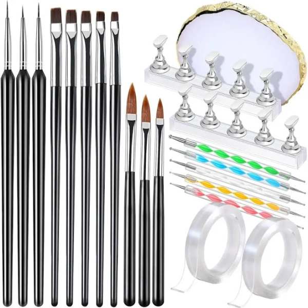 21-Piece Nail Art DIY Kit, Includes 11 Brushes, 5 Dotting Tools, 2 Magnetic Racks, Color Palette, Tape, Essential for Salon & Home Use