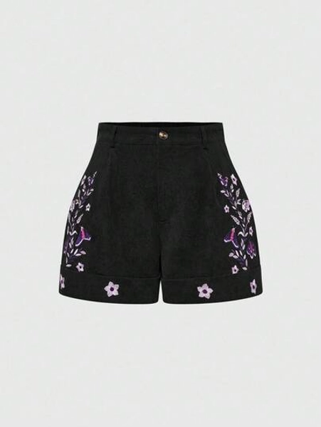 Fairycore Spring/Summer Plus Size Autumn/Winter Versatile Corduroy Fabric Embroidered Butterfly Shorts