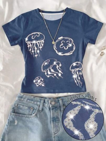 INAWLY Shiny Jellyfish Print Crop Top, Fashionable & Minimalist, A Gift For Friends - Size L