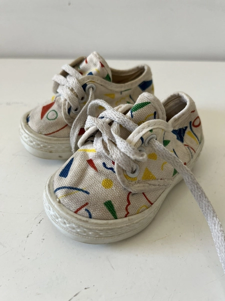 Vintage 1980s Colorful Print Canvas Baby Lace-Up Shoes, Size 1