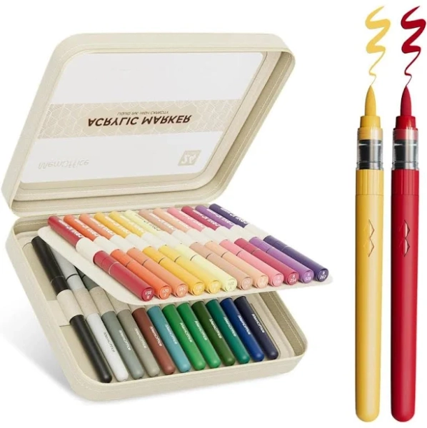 Direct Liquid Markers, 24 Colors Brush Tip Pens with Carrying Case, No Bleed, , for Rock, , Canvas, Glass, Fabric, DIY Crafts for Adults &