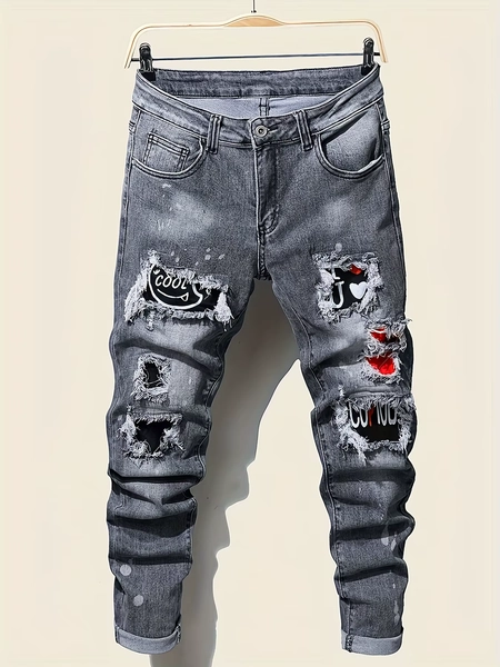 Men's slim fit ripped long denim pants, tight jeans with pockets, side straps, and zippers, men's jogging pants, ripped stretch - AliExpress 200000343