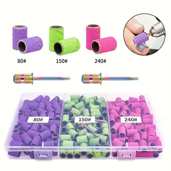Sanding Bands for Nail Drill Sanding Bands#80#150#240 Grits 210pcs Color Coarse Fine Nail Sanding Bands 2pcs Nail Drill Bits 3/32" Mandrel Bits Portable Storage Box Set