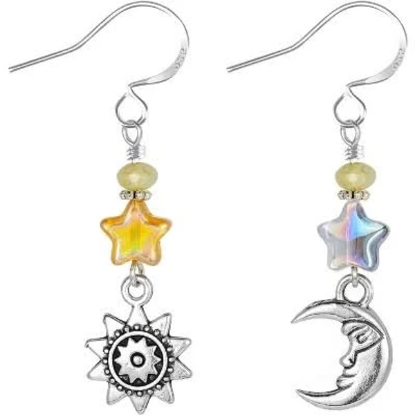 Asymmetric Sun Moon Star Earrings