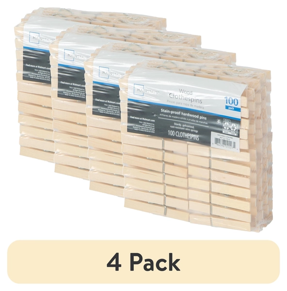 (4 pack) Mainstays Wooden Clothespins, Natural, Moisture Resistant, 100 Pack - Walmart.com