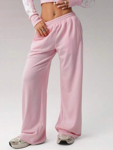 SHEIN ICON Pink Wide-Leg Knitted Sweatpants With Pockets Extra Long For Casual Comfort