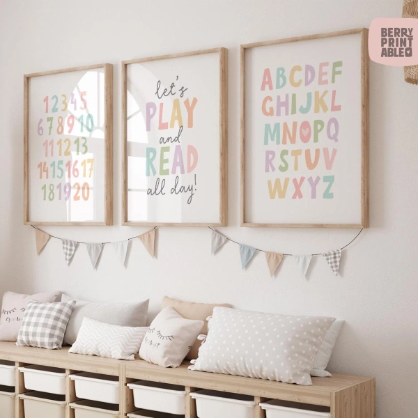 Girl Playroom Set of 3, Let's Play All Day Printable, Alphabet poster, Kids Playroom Wall Art, Homeschool Sign, Montessori Classroom P70TH