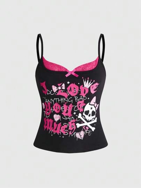 ROMWE Kawaii American Style Sweet & Spicy Sexy Printed Lace Patchwork Women Tank Top - Size S