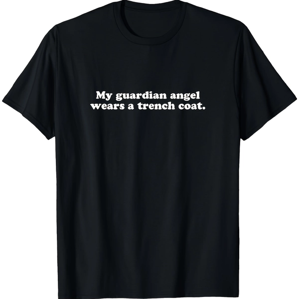 Men'S Funny Supernatural TV Show T-Shirt - "My Guardian Angel Wears a Trench Coat" Graphic Tee - Soft Lightweight Retro TV Show Apparel - Machine Washable Everyday Casual Shirt for Fans - All-Season Comfort Fit (Black/White Text) - Perfect for Conventions & Casual Attire, Fan Merchandise, Classic Round Neck, Durable Print, Pop Culture Clothing, Pop Culture Lovers