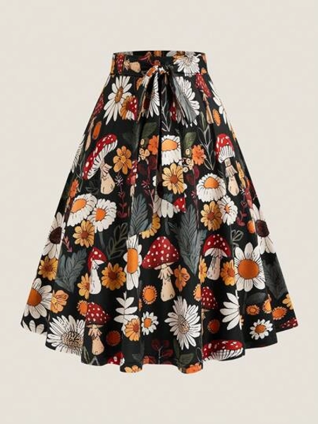SHEIN LUNE Plus Size Women's Easter Floral Print High Waist Vacation Skirt
