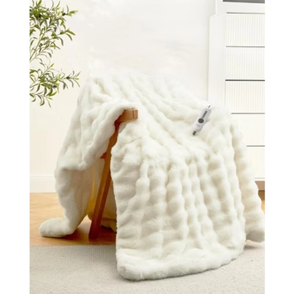 Heated Blanket Throw, Faux Rabbit Fur Electric Throw with 4 Heat Settings, Soft Bubble Blanket with Fast Heating, for Gifts Home Couch Bed
