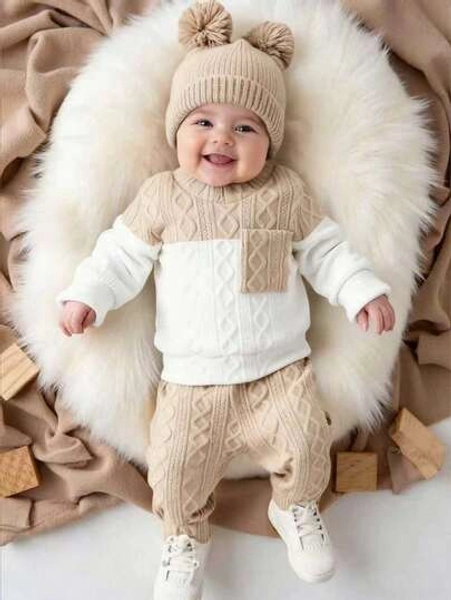 SHEIN 2pcs/Set Infant/Baby Boys Casual Khaki & White Striped Knit Pocket Shoulder Button Crew Neck Long Sleeve Top & Elastic Waist Pants Set, Soft & Comfortable Fabric, Suitable For Spring, Autumn, Winter, Outdoor, Home, Casual Wear Baby Set Autumn Winter Season Neutral Baby Clothes Baby Boy Beige Outfit