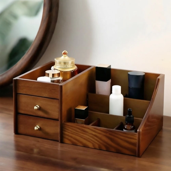 Vintage Wooden Makeup Organizer: Personalized Cosmetic Storage Box
