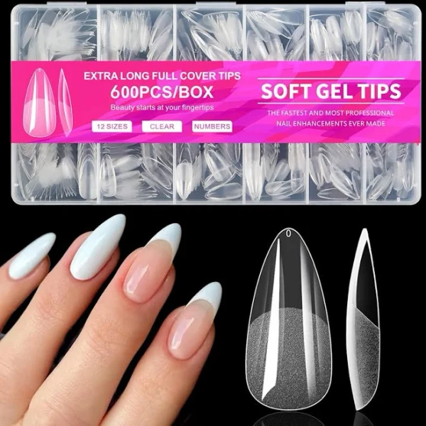 600pcs Medium Almond Nail Tips – Clear Full Cover Gel X Fake Nails, Acrylic Nail Extensions for Manicure, Salon & Home DIY