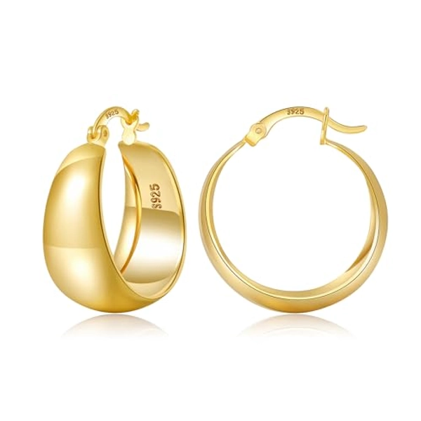 EXGOX Gold Hoop Earrings for Women Sterling Silver Post Hoops Earrings for Women Wide Thick Silver Hoop Earrings Hypoallergenic Lightweight 14k Real Gold Plated Hoop Large Earrings (25/30/40/50MM)