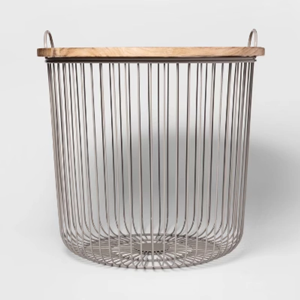 Wire Kids' Storage Floor Bin Gray - Pillowfort™: Round Metal & Wood Basket with Lid and Handles