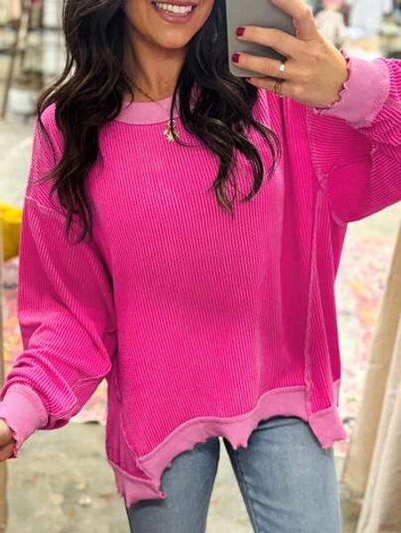 Acelitt Autumn Solid Color Texture Stripe Curled Edge Long Sleeve Casual Loose Round Neck T-Shirt