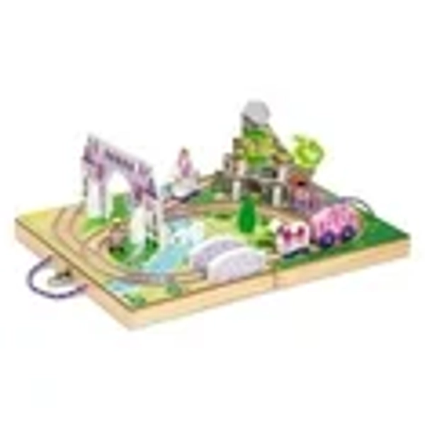 Melissa & Doug 19-Piece Wooden Take-Along Tabletop Kingdom – Wood Play Pieces, Carriage, Horse, Unicorn, Dragon, Model Train Set, Toddler 3+